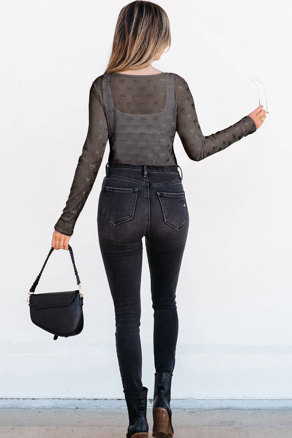 Bow Pattern Long Sleeve Slim Fit Mesh Blouse