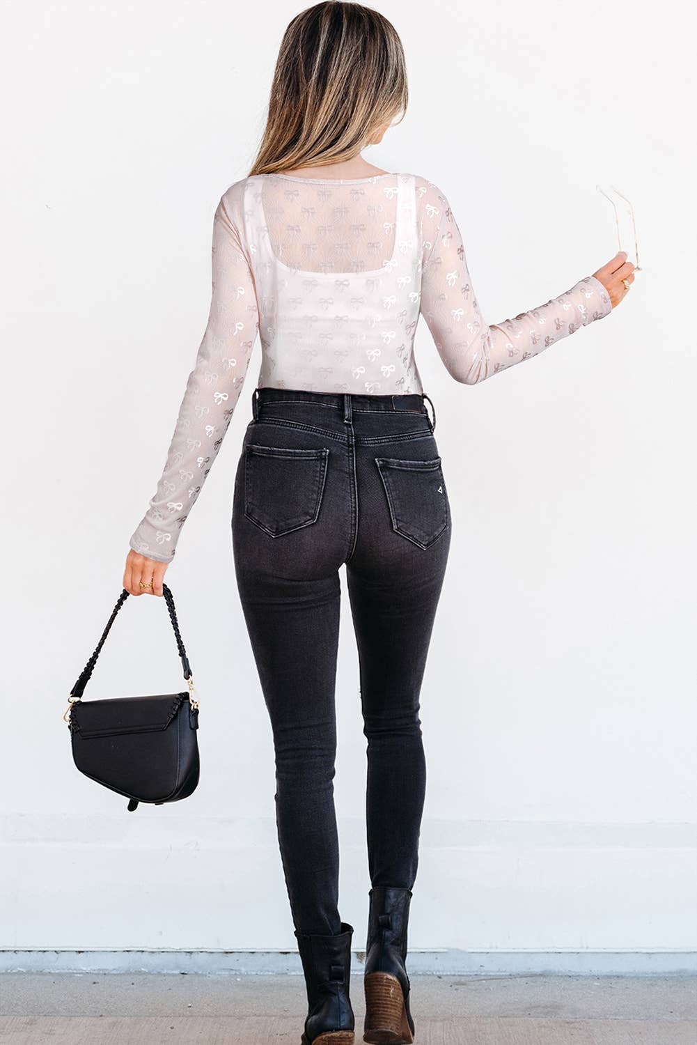 Bow Pattern Long Sleeve Slim Fit Mesh Blouse