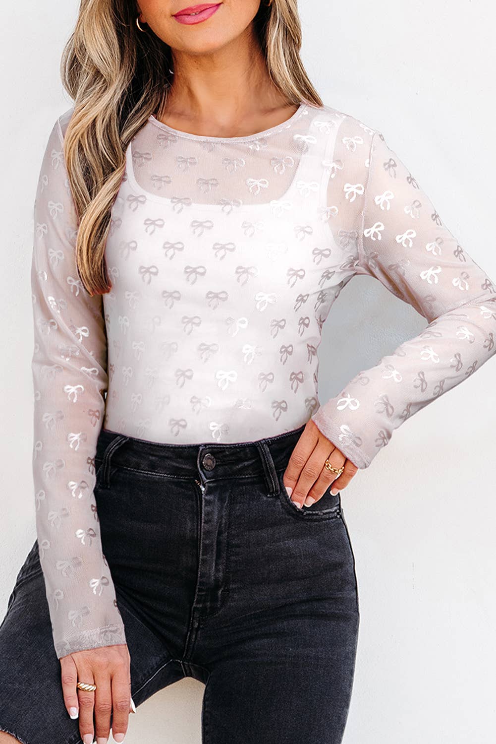 Bow Pattern Long Sleeve Slim Fit Mesh Blouse