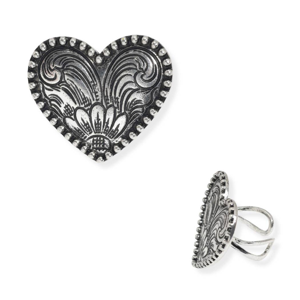 Western Themed Engraved Heart Cuff Ring