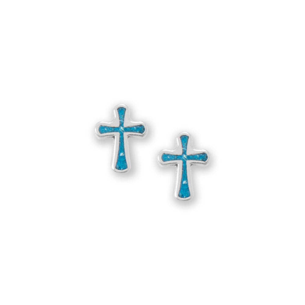 Oxidized Turquoise Chip Cross Stud Earrings