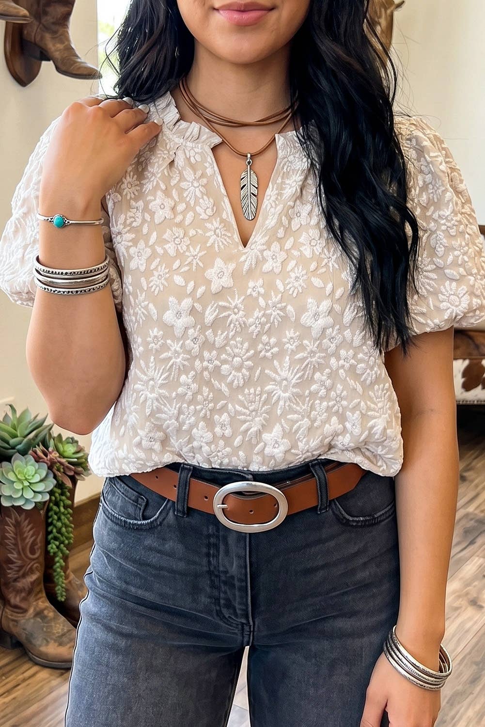 LDC Western Floral Shift V Neck Short Sleeve Top