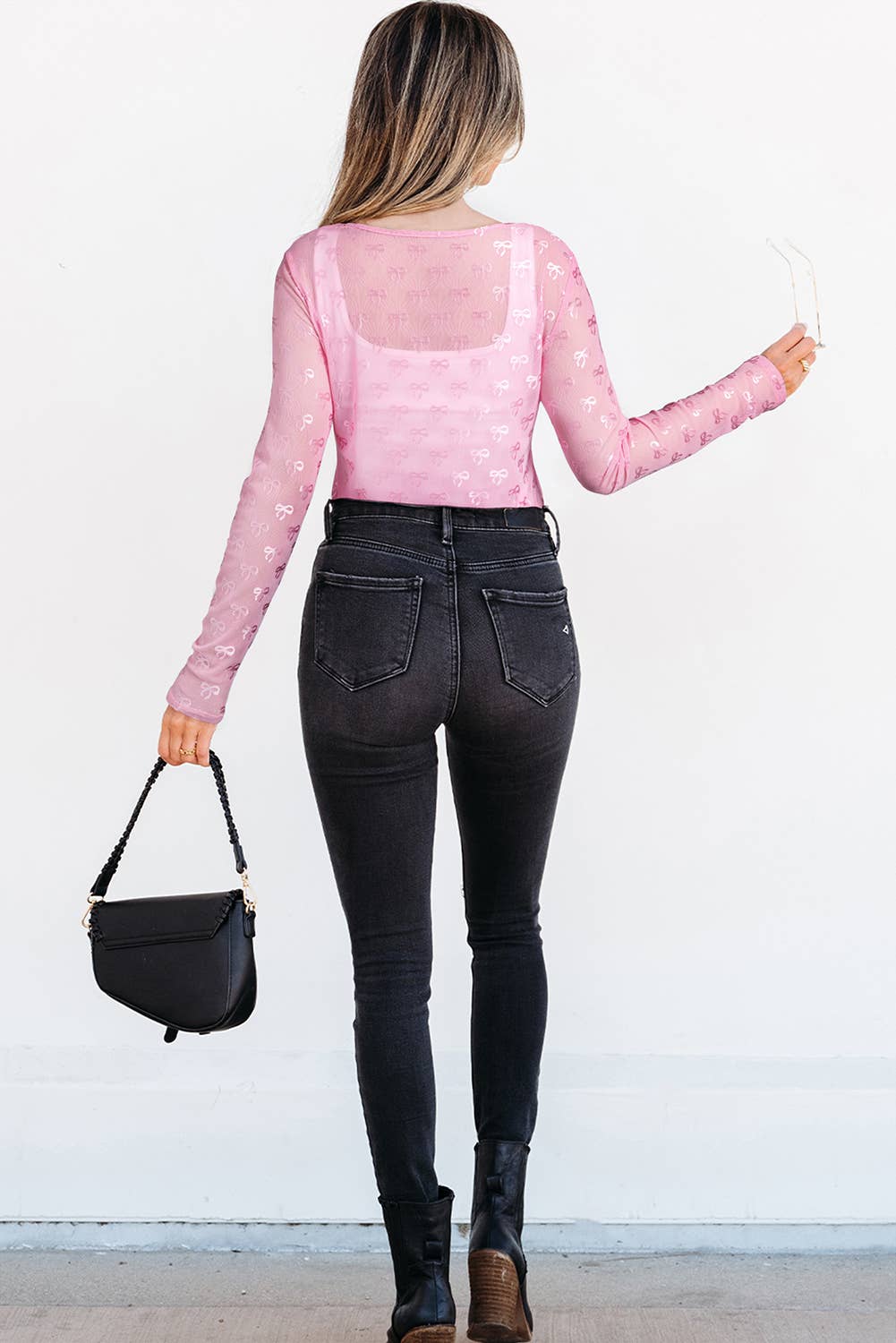 Bow Pattern Long Sleeve Slim Fit Mesh Blouse