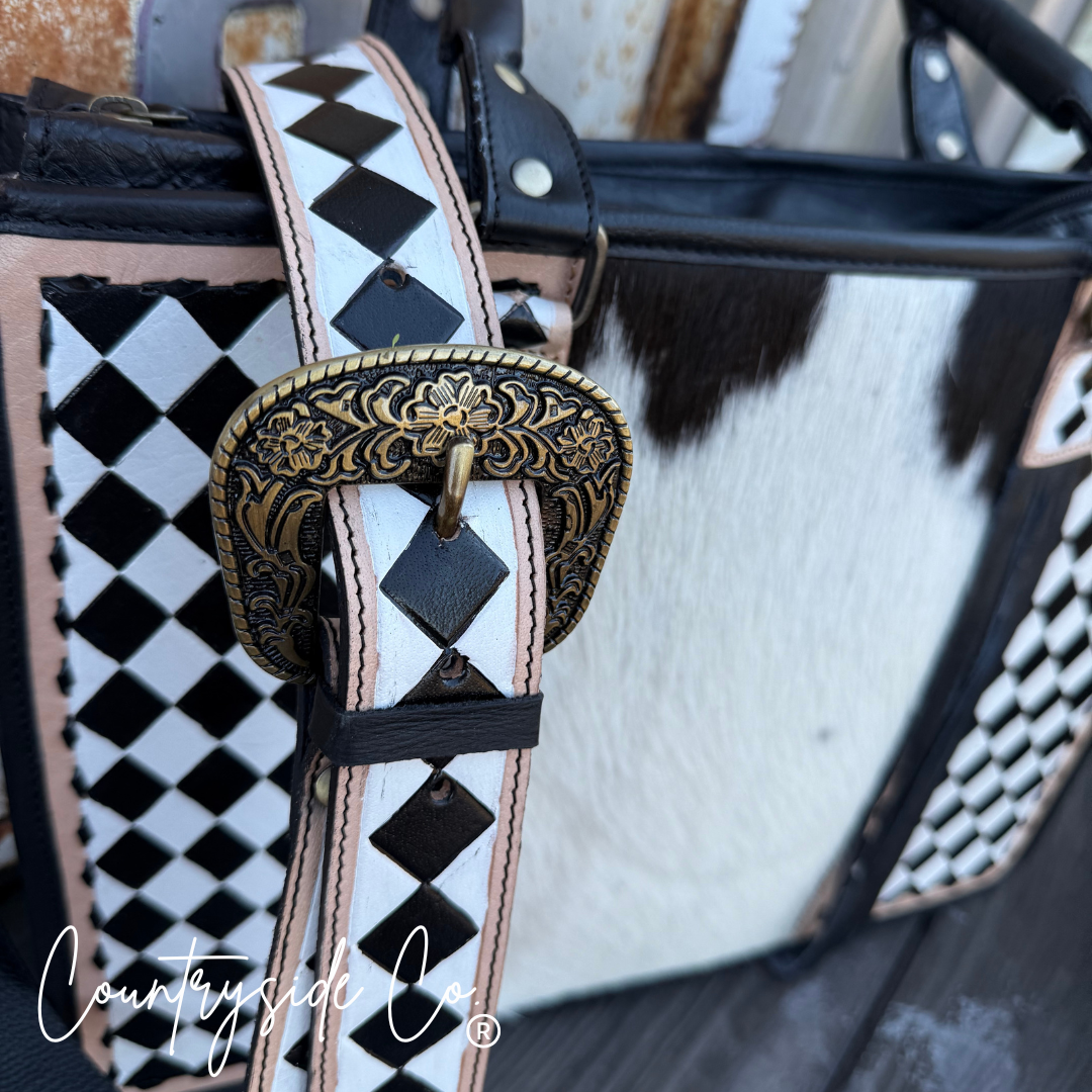Tinsley Checkered Leather Cowhide Tote, Computer Bag
