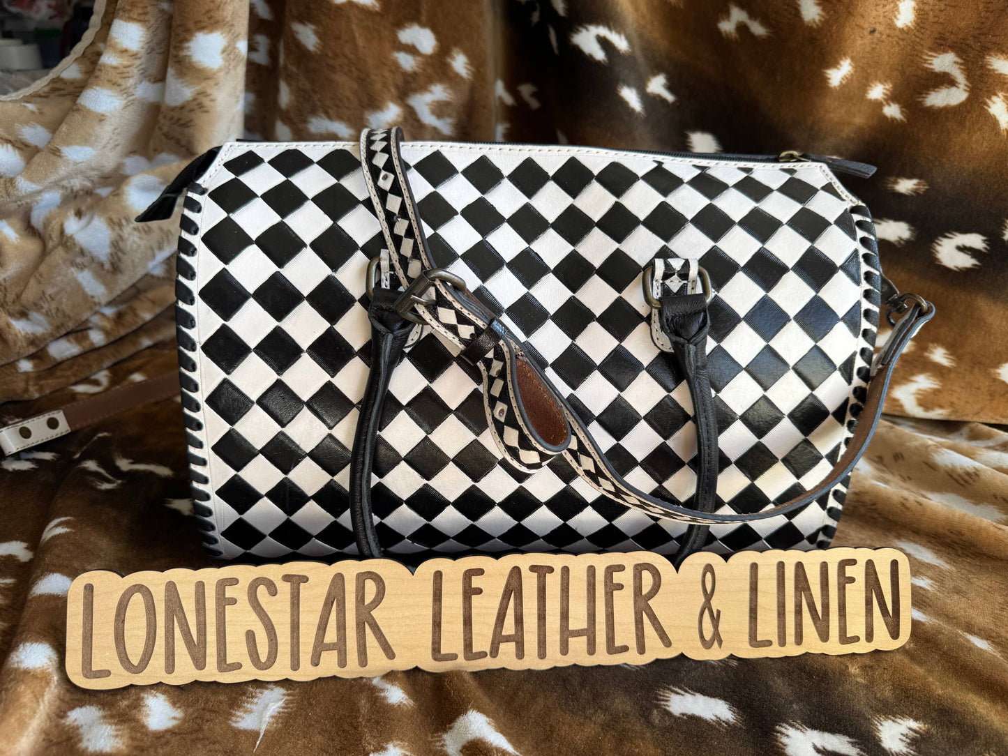 Black & White Checkered Speedy Crossbody Purse (White)