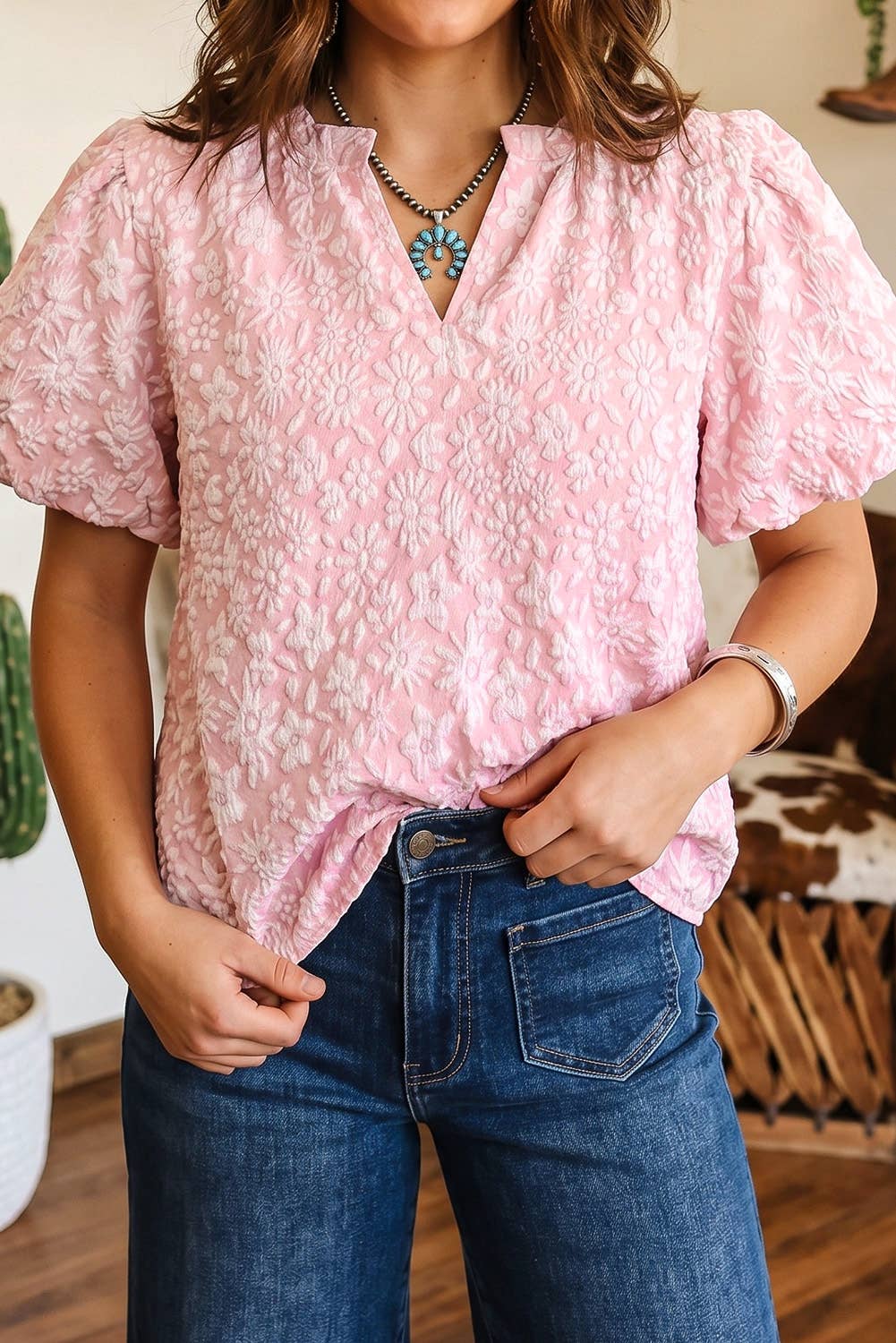 LDC Western Floral Shift V Neck Short Sleeve Top