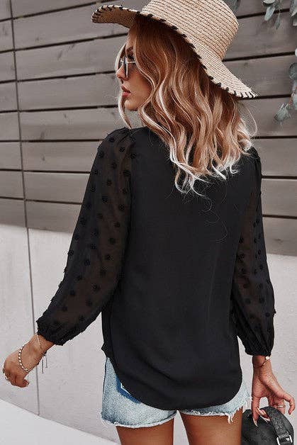 Solid V Neck Lantern Sleeve Swiss Dot Shirt
