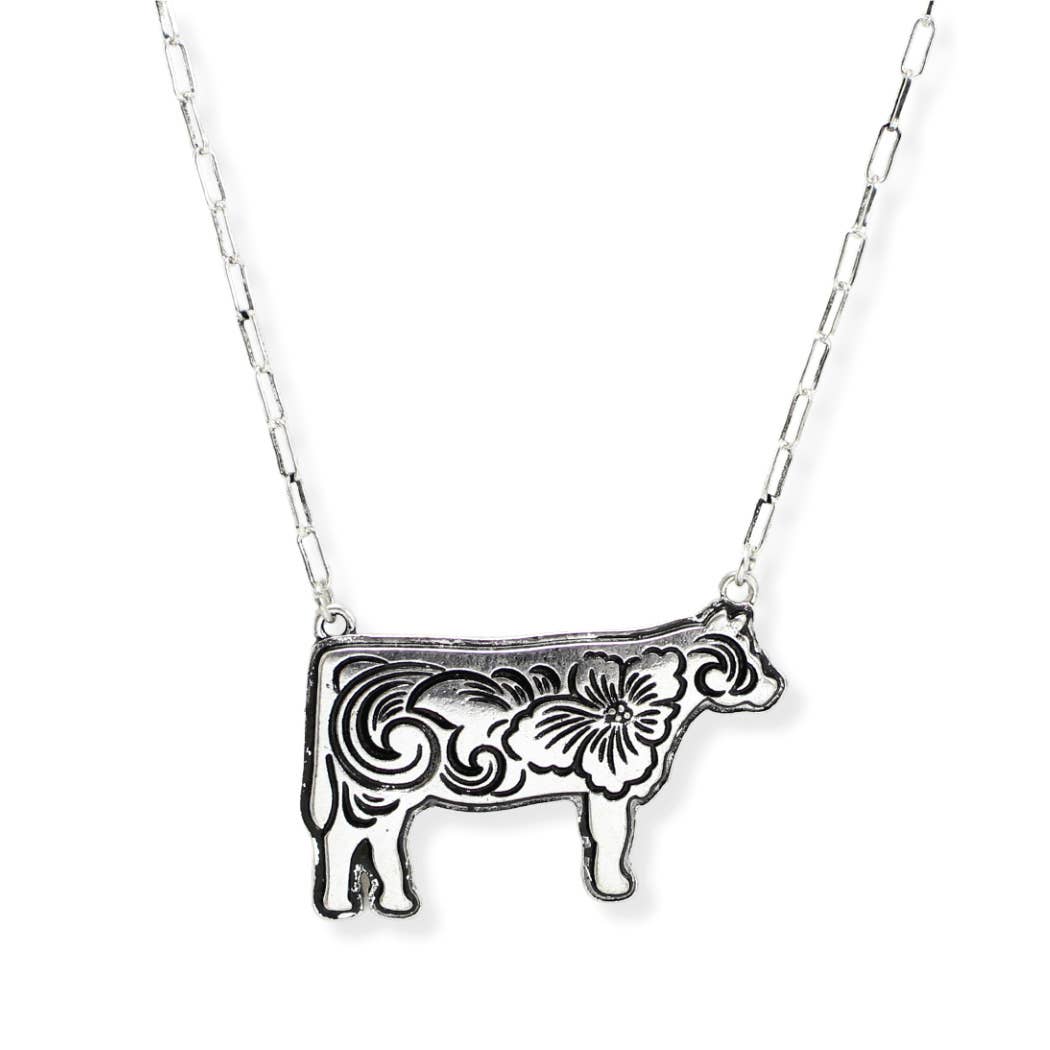 Western Themed Flower Engraved Steer Pendant Necklace