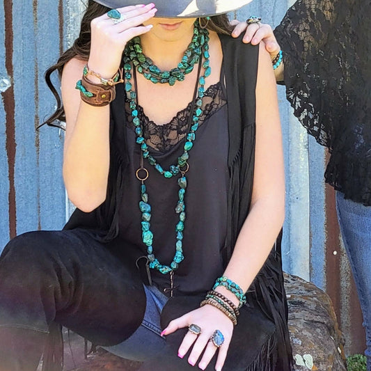 Genuine Long Natural Turquoise and Wood Layering Necklace