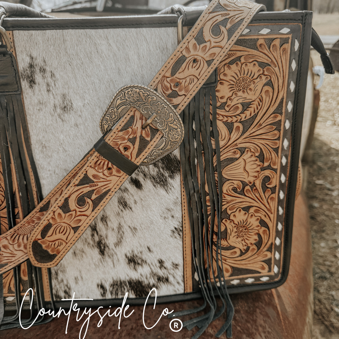 Panhandle Tooled Leather Cowhide Tote, Computer Bag, Purse