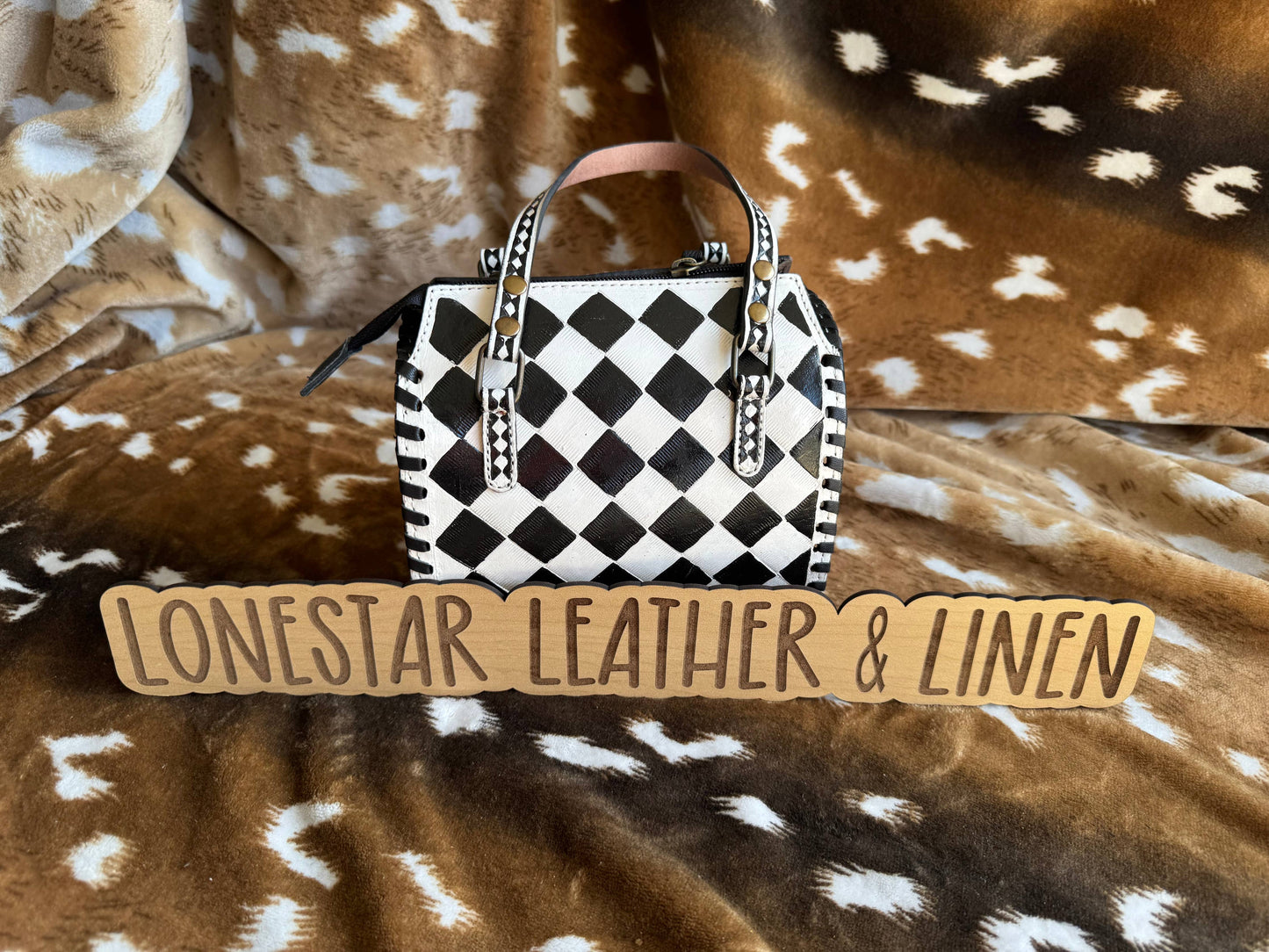 Black & White Checkered Speedy Crossbody Purse (White)