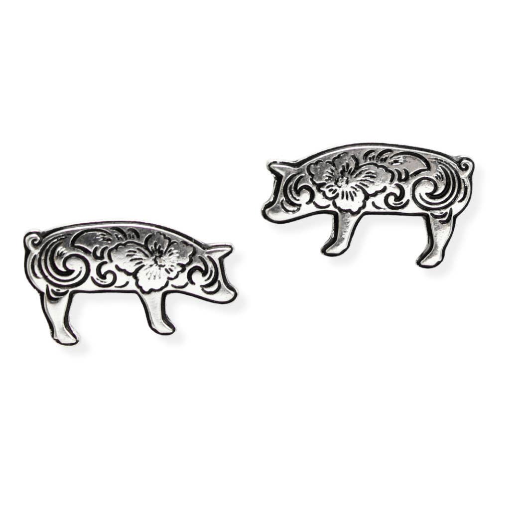 Western Themed Flower Engraved Pig Stud Earring