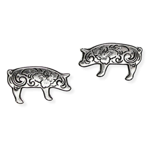 Western Themed Flower Engraved Pig Stud Earring