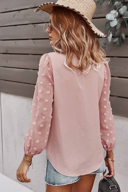 Solid V Neck Lantern Sleeve Swiss Dot Shirt