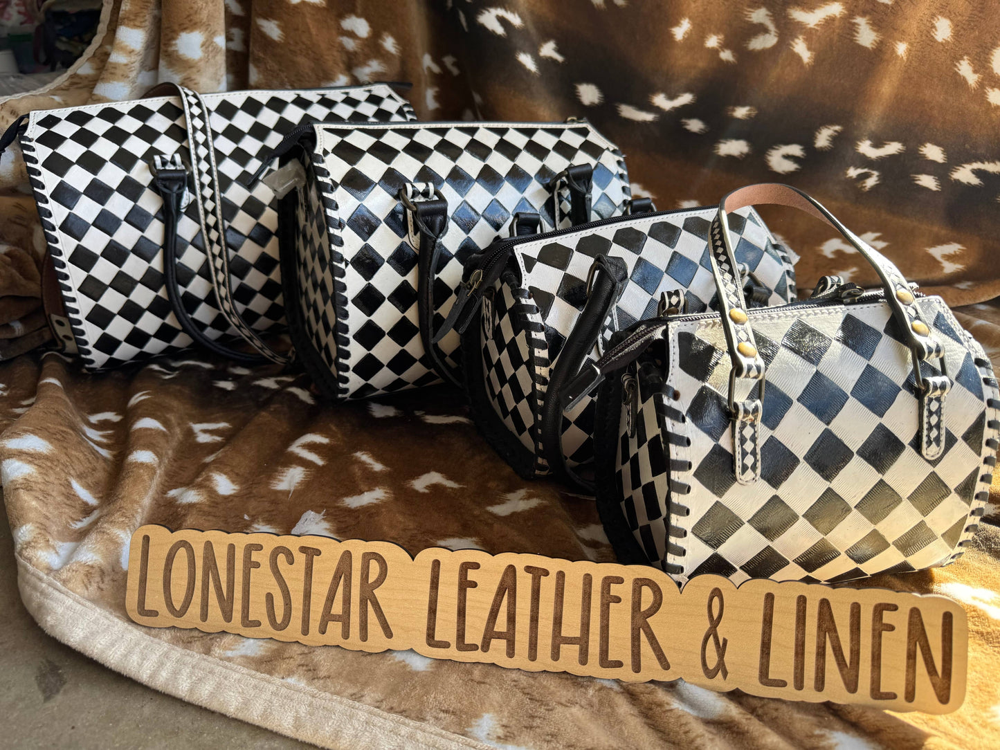 Black & White Checkered Speedy Crossbody Purse (White)