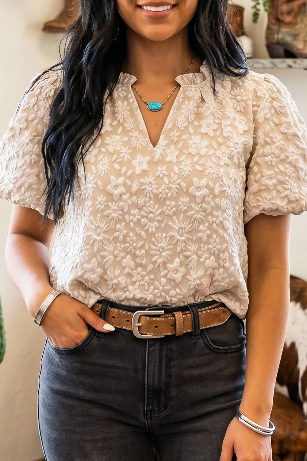 LDC Western Floral Shift V Neck Short Sleeve Top