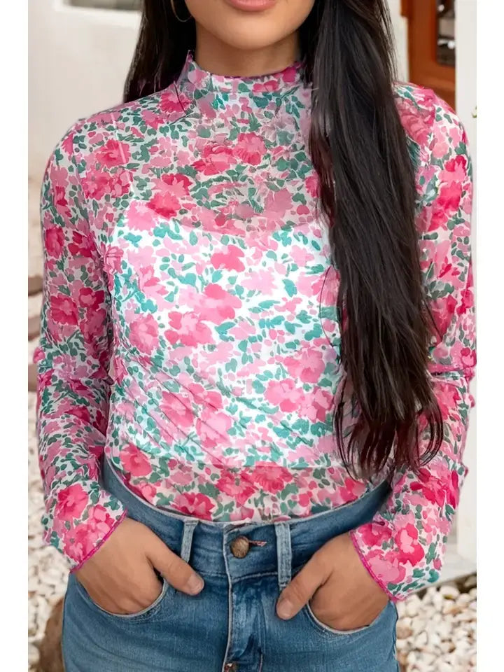 LDC Western Slim Fit Floral Mesh Long Sleeve Mock Neck Top