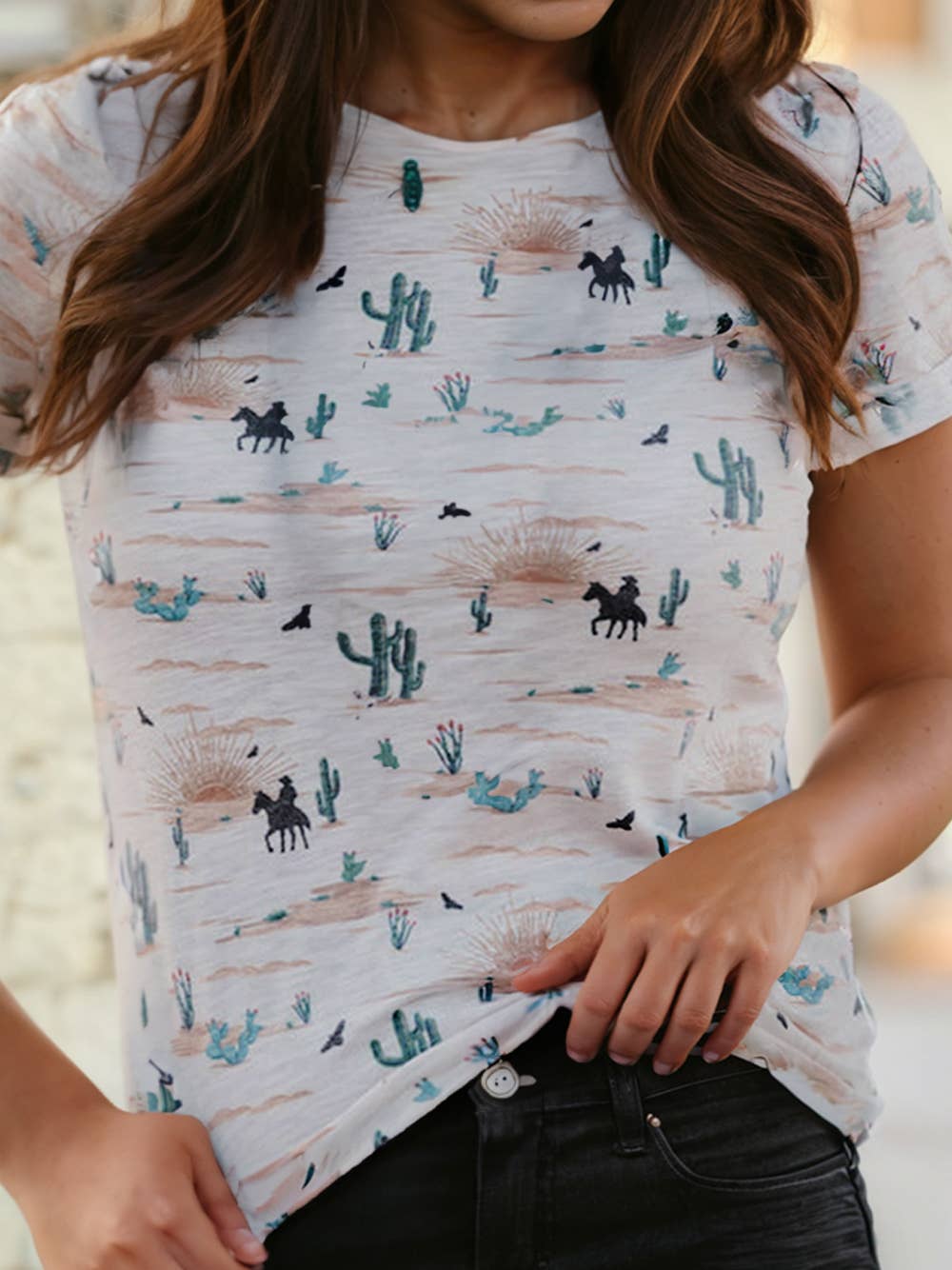 Western Cactus Print Crew Neck Short Sleeve Top