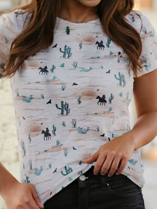 Western Cactus Print Crew Neck Short Sleeve Top