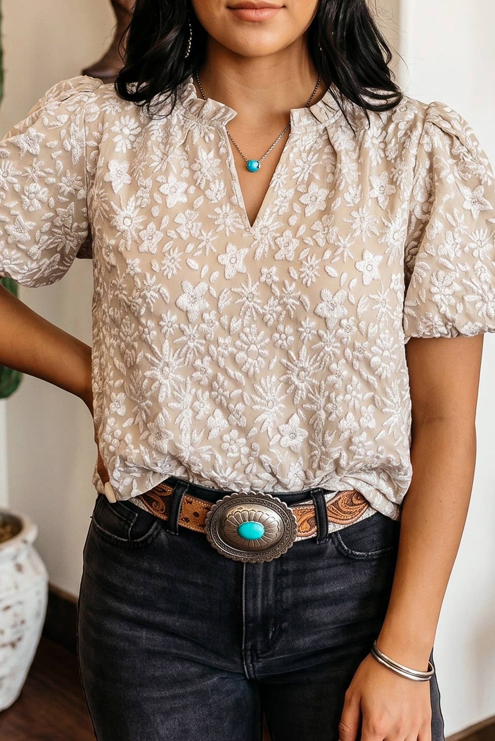 LDC Western Floral Shift V Neck Short Sleeve Top
