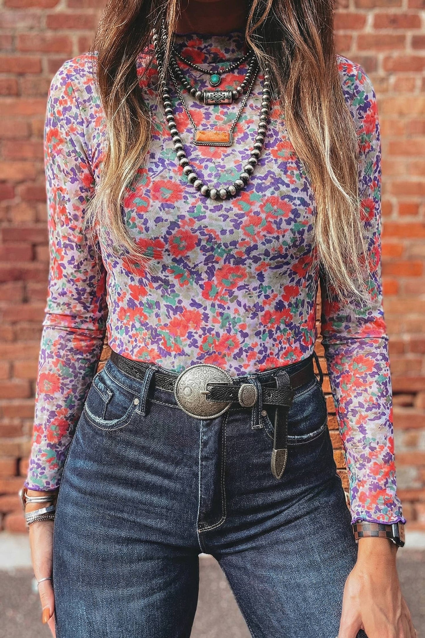 LDC Western Slim Fit Floral Mesh Long Sleeve Mock Neck Top