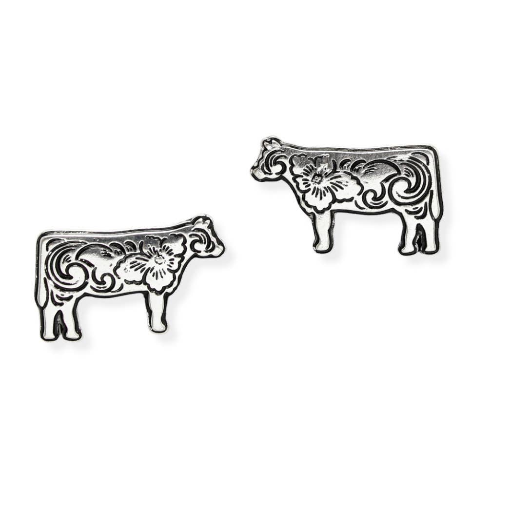 Western Themed Flower Engraved Cow Stud Earring