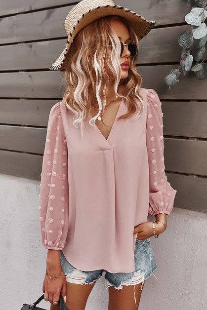 Solid V Neck Lantern Sleeve Swiss Dot Shirt