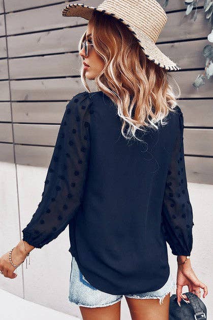 Solid V Neck Lantern Sleeve Swiss Dot Shirt