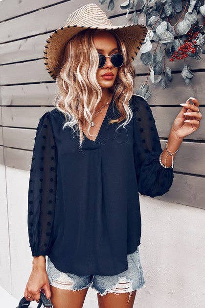 Solid V Neck Lantern Sleeve Swiss Dot Shirt