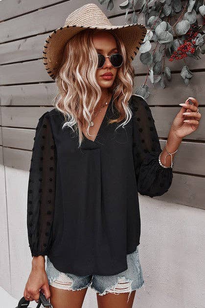Solid V Neck Lantern Sleeve Swiss Dot Shirt