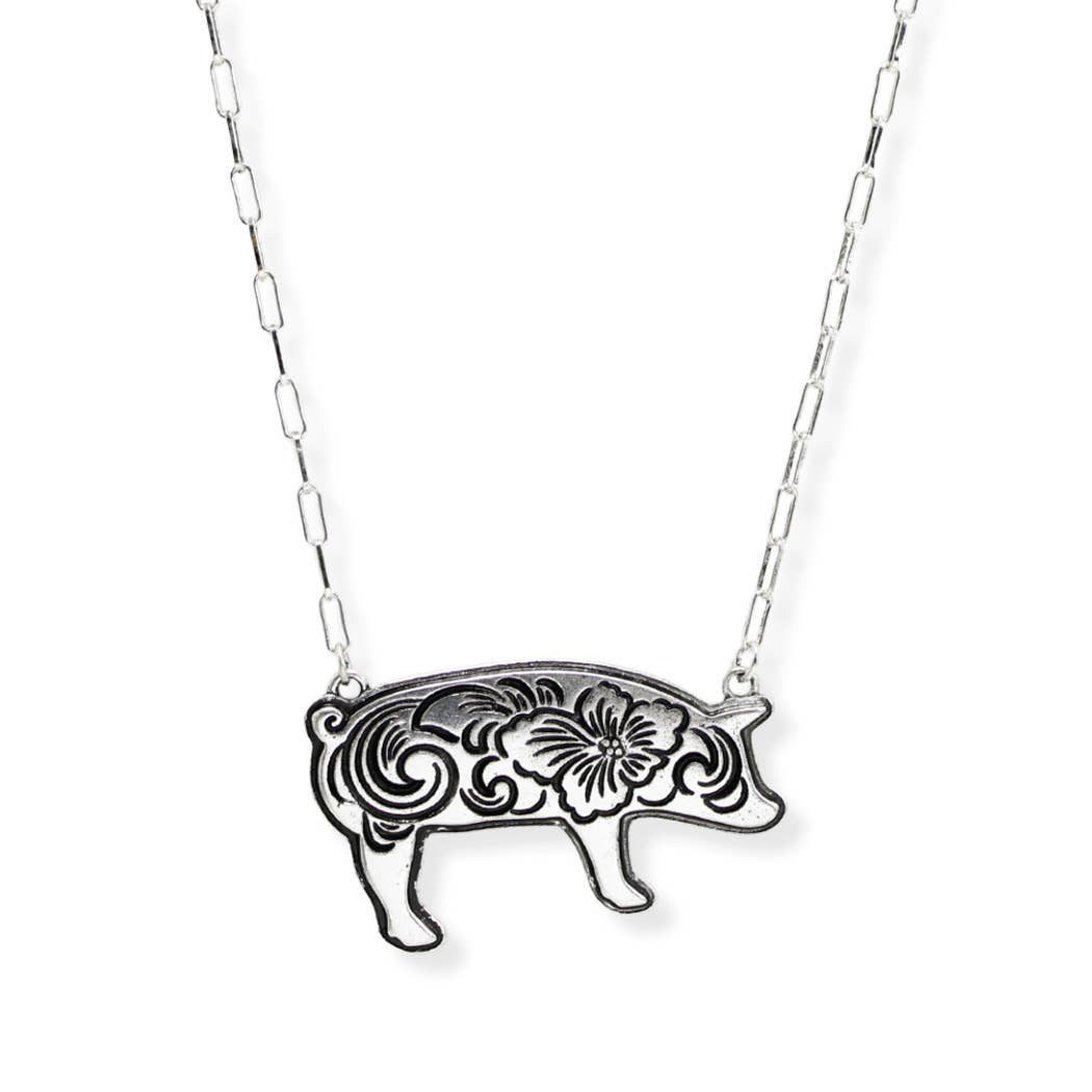 Western Themed Flower Engraved Pig Pendant Necklace