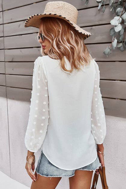 Solid V Neck Lantern Sleeve Swiss Dot Shirt