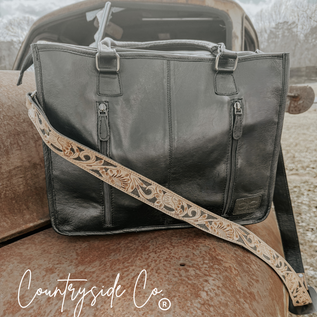 Panhandle Tooled Leather Cowhide Tote, Computer Bag, Purse
