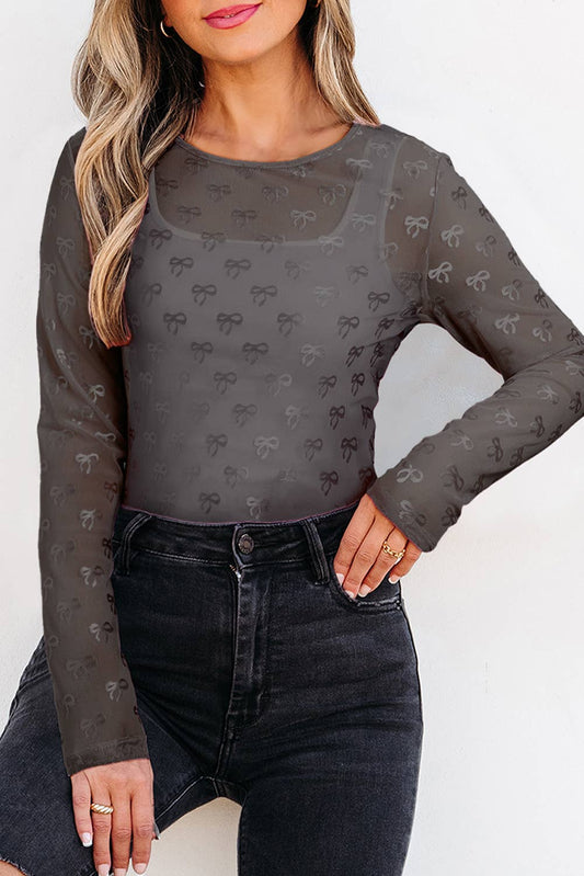Bow Pattern Long Sleeve Slim Fit Mesh Blouse