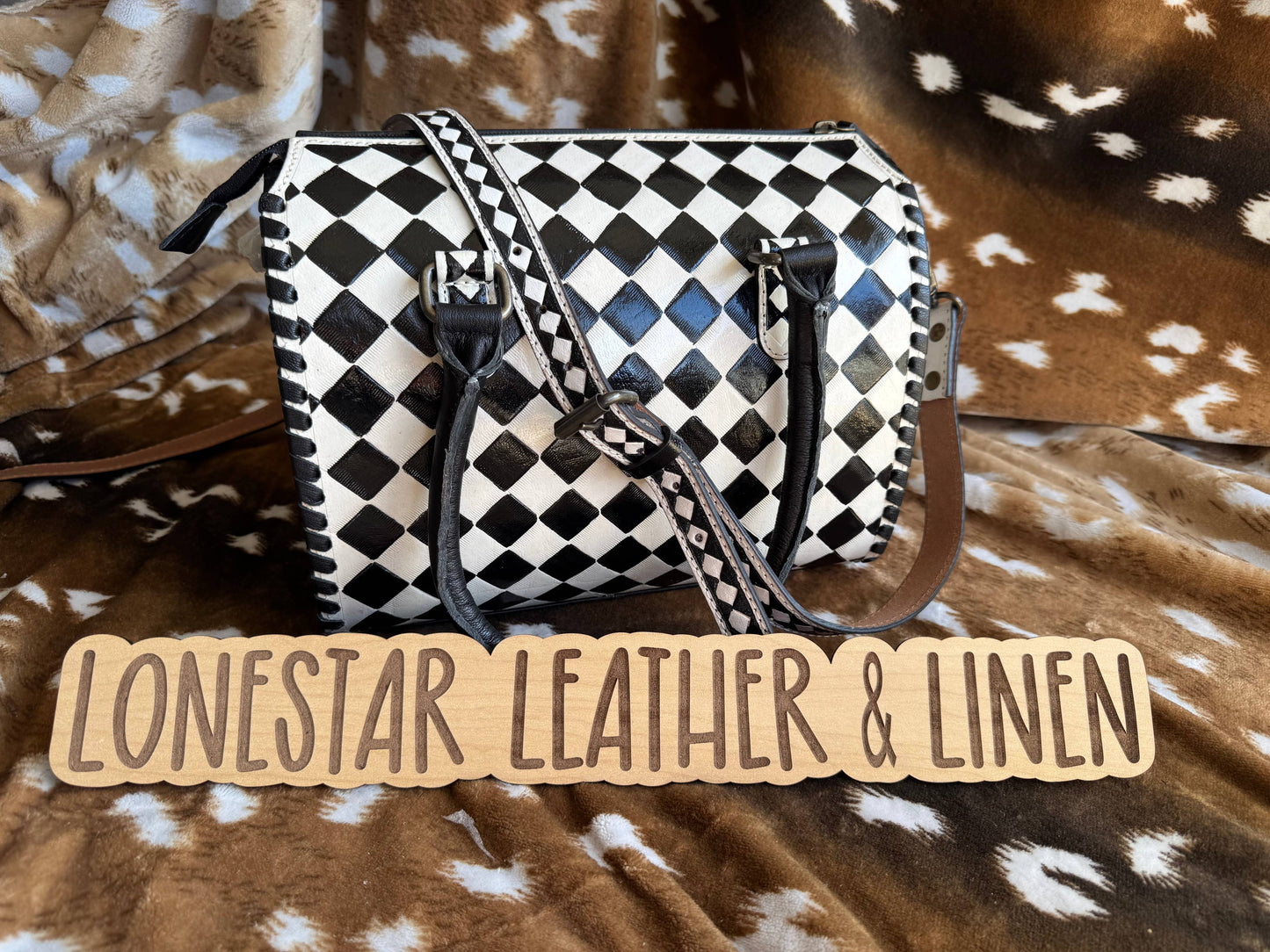 Black & White Checkered Speedy Crossbody Purse (White)