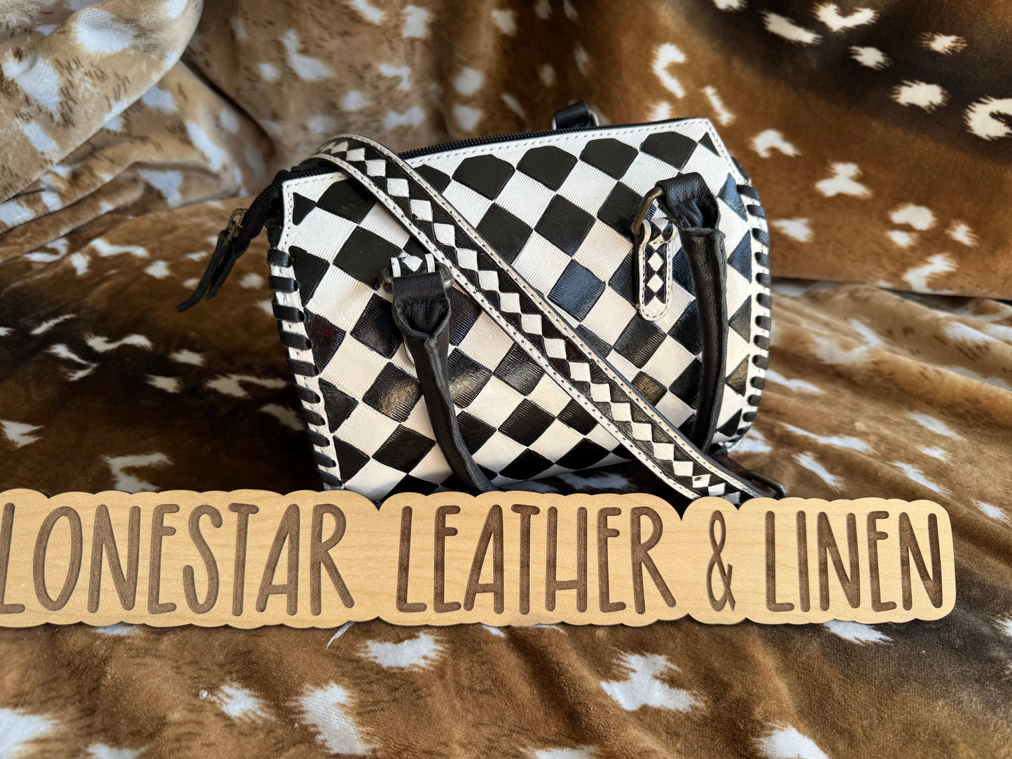 Black & White Checkered Speedy Crossbody Purse (White)