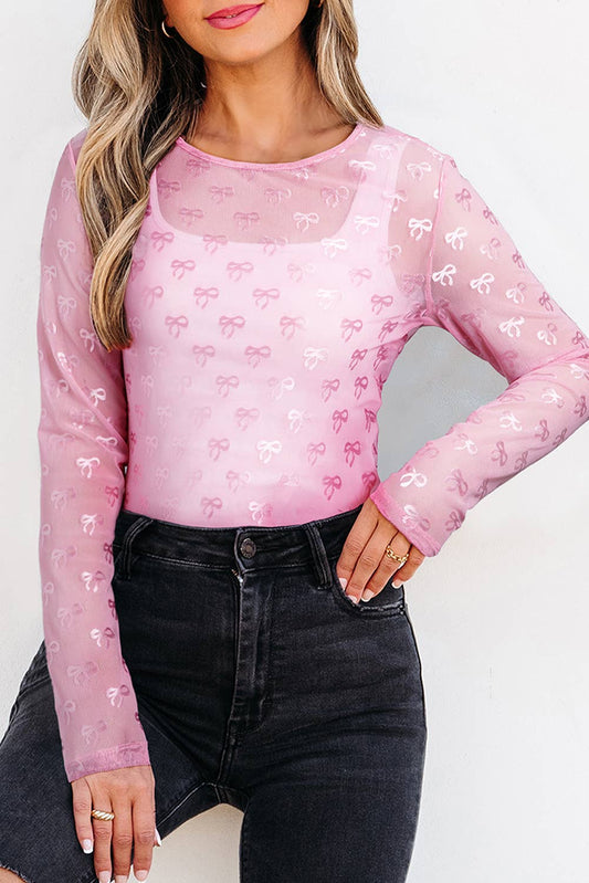 Bow Pattern Long Sleeve Slim Fit Mesh Blouse
